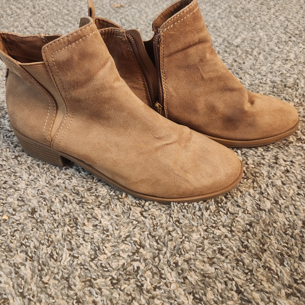 Tan Suede Ankle Booties with Elastic Panels